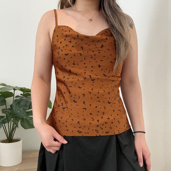 JOA Revolve Brown Dot leopard print satin cowl neck cami tank top blouse small - Picture 2 of 5